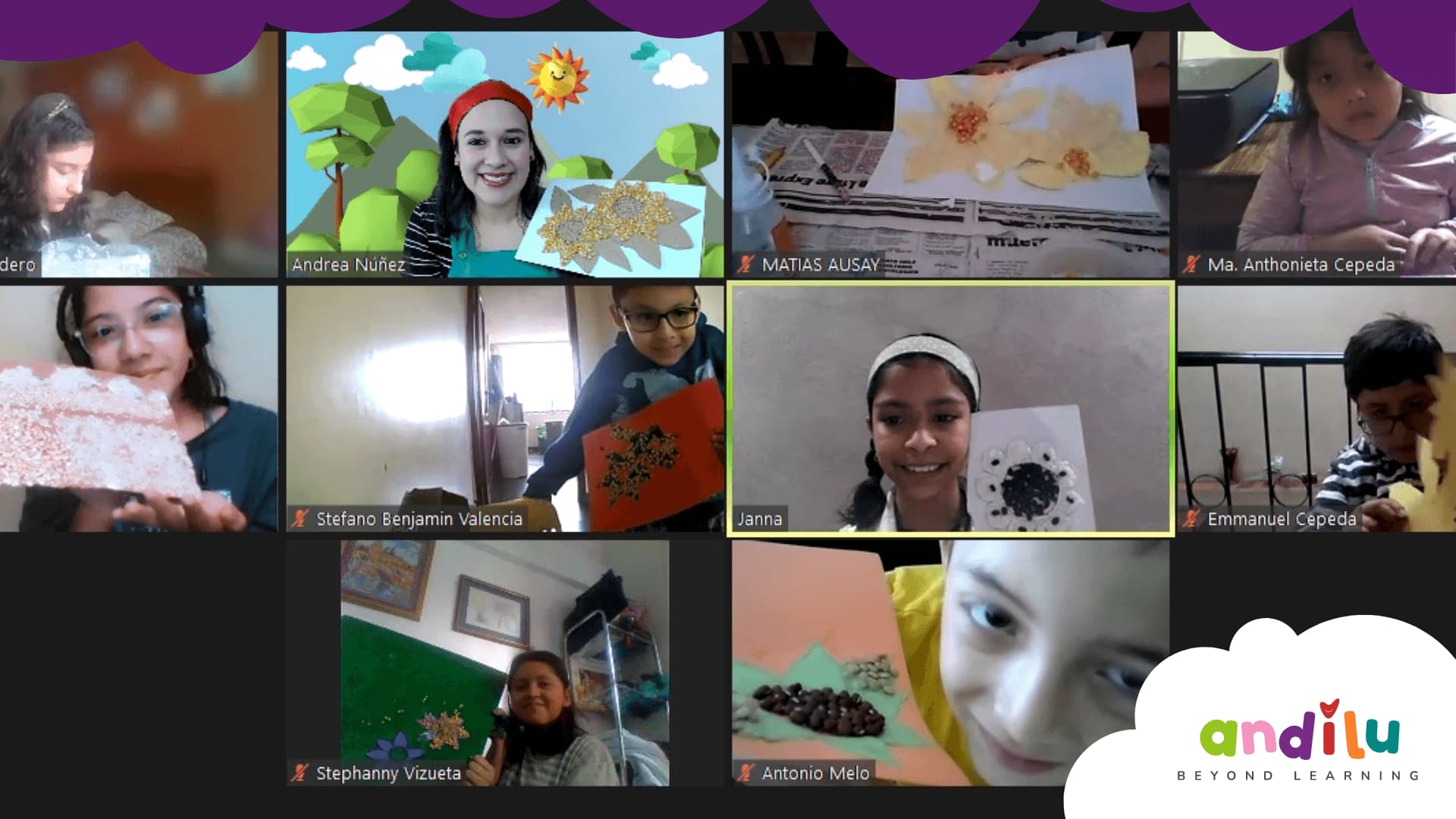 Captura de videollamada con la maestra Andrea y alumnos mostrando sus mosaicos de semillas y granos